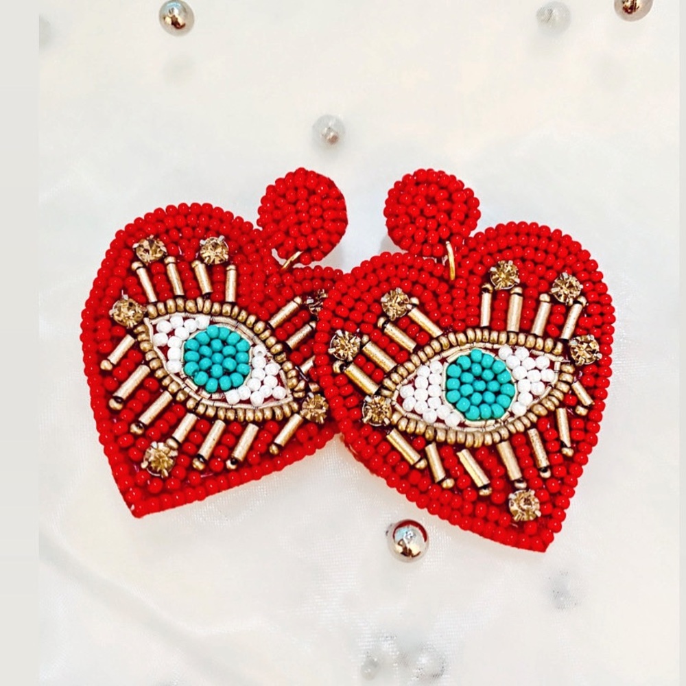 Evil eye beaded heart earrings